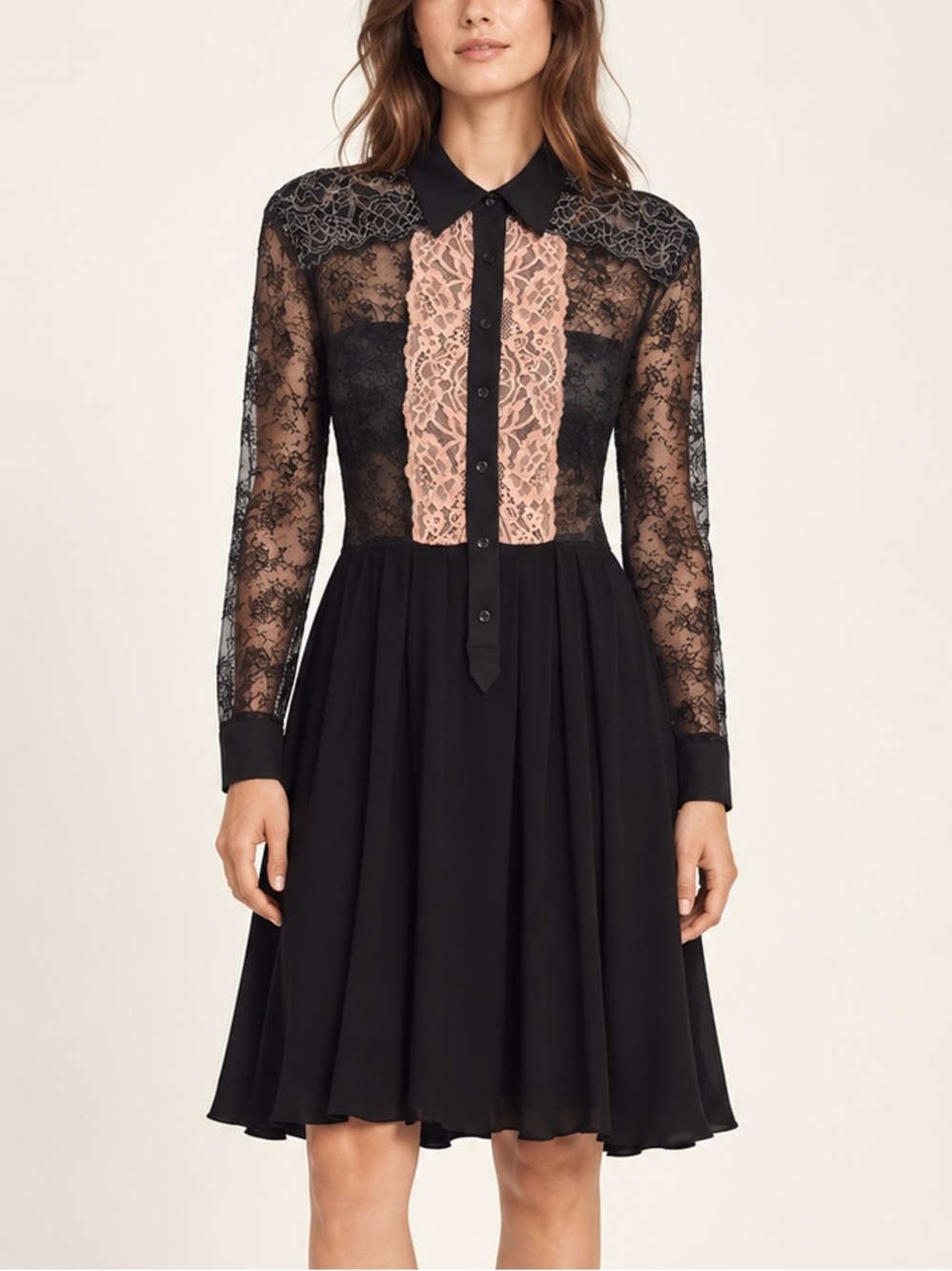 SANDRO Black Lace Long Sleeve Button Up Midi Dress with Nude Panel (Size 3 or L)